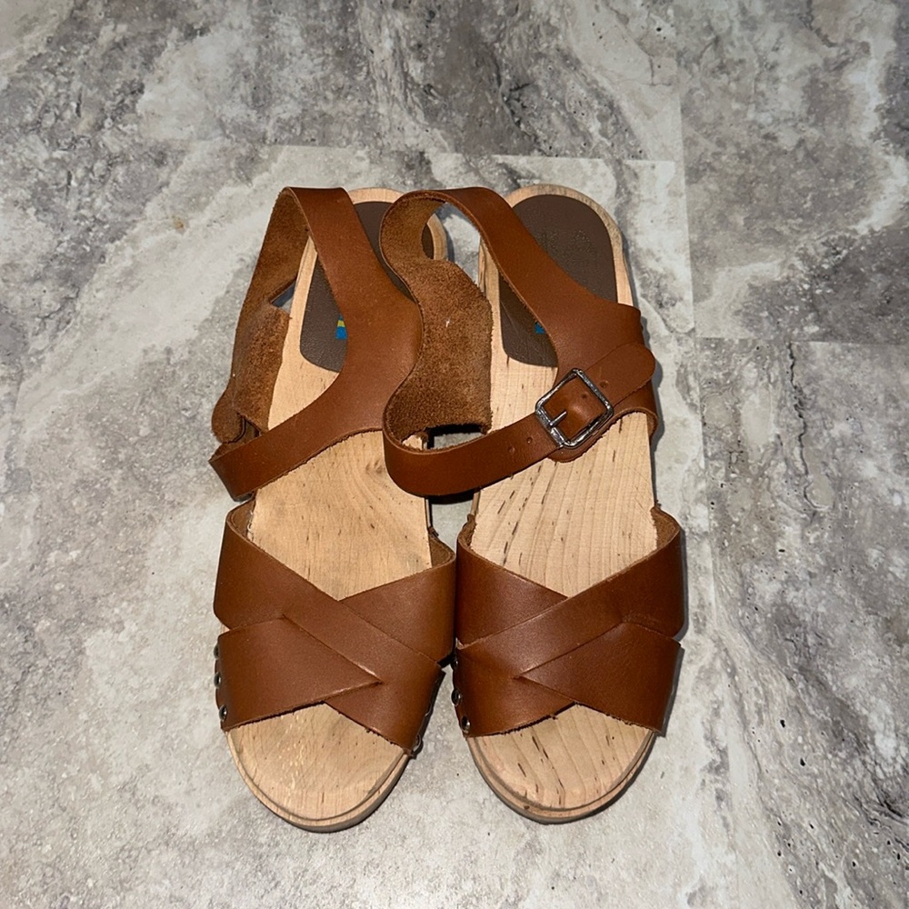 MIA Brown Leather Cross-Strap Clog Sandals